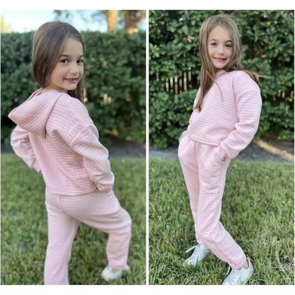 Arshiner Girls 2 Piece Outfit Waffle Knit Pullover Hooded Sweatshirt and Sweatpants Clothing Sets Long Sleeve Tracksuits