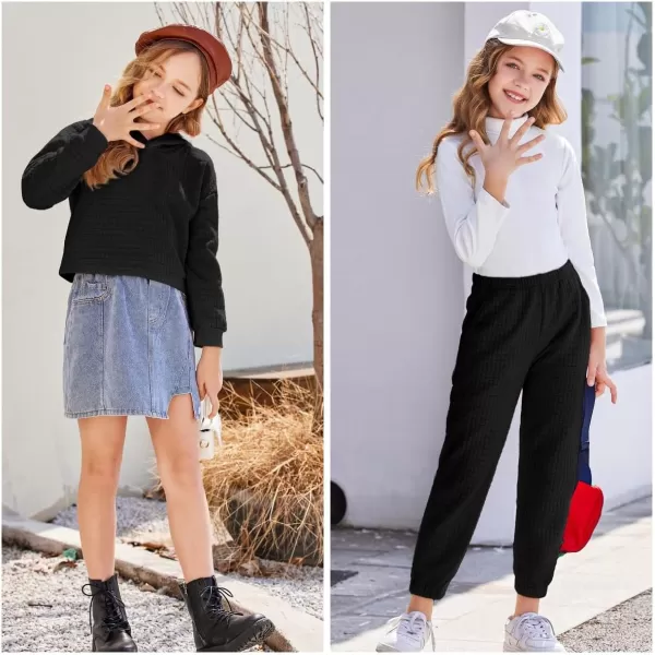 Arshiner Girls 2 Piece Outfit Waffle Knit Pullover Hooded Sweatshirt and Sweatpants Clothing Sets Long Sleeve Tracksuits
