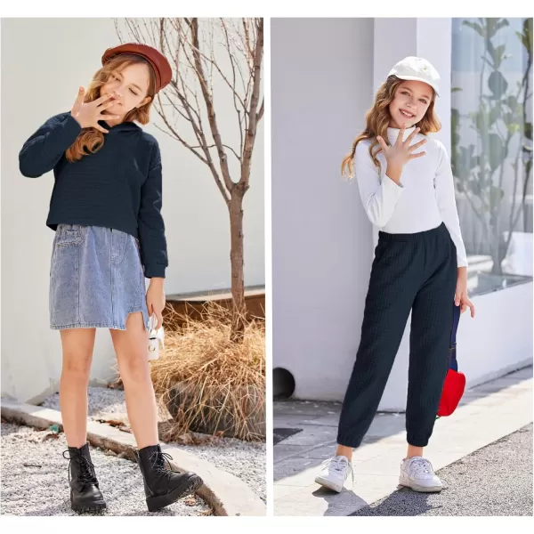Arshiner Girls 2 Piece Outfit Waffle Knit Pullover Hooded Sweatshirt and Sweatpants Clothing Sets Long Sleeve Tracksuits