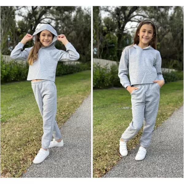 Arshiner Girls 2 Piece Outfit Waffle Knit Pullover Hooded Sweatshirt and Sweatpants Clothing Sets Long Sleeve Tracksuits