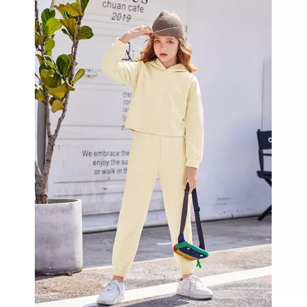 Arshiner Girls 2 Piece Outfit Waffle Knit Pullover Hooded Sweatshirt and Sweatpants Clothing Sets Long Sleeve Tracksuits