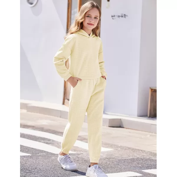 Arshiner Girls 2 Piece Outfit Waffle Knit Pullover Hooded Sweatshirt and Sweatpants Clothing Sets Long Sleeve Tracksuits