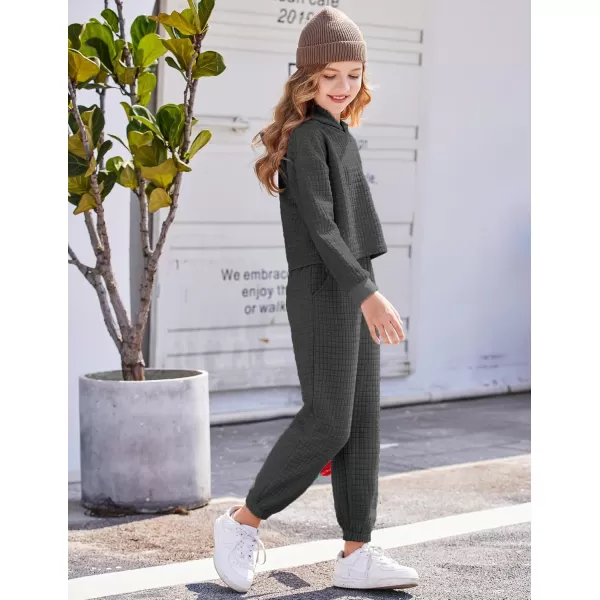 Arshiner Girls 2 Piece Outfit Waffle Knit Pullover Hooded Sweatshirt and Sweatpants Clothing Sets Long Sleeve Tracksuits