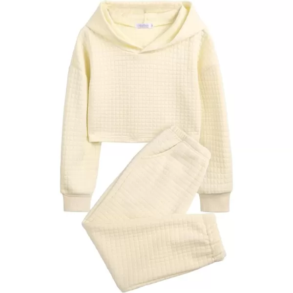 Arshiner Girls 2 Piece Outfit Waffle Knit Pullover Hooded Sweatshirt and Sweatpants Clothing Sets Long Sleeve Tracksuits