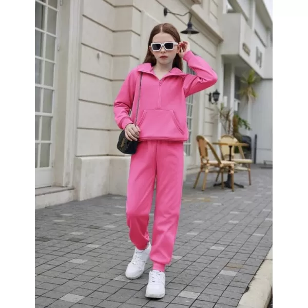 Arshiner Girls 2 Piece Outfits Tracksuit Drop Shoulder Hoodie Half Zip Sweatshirt and Sweatpants Joggers Set with Pockets