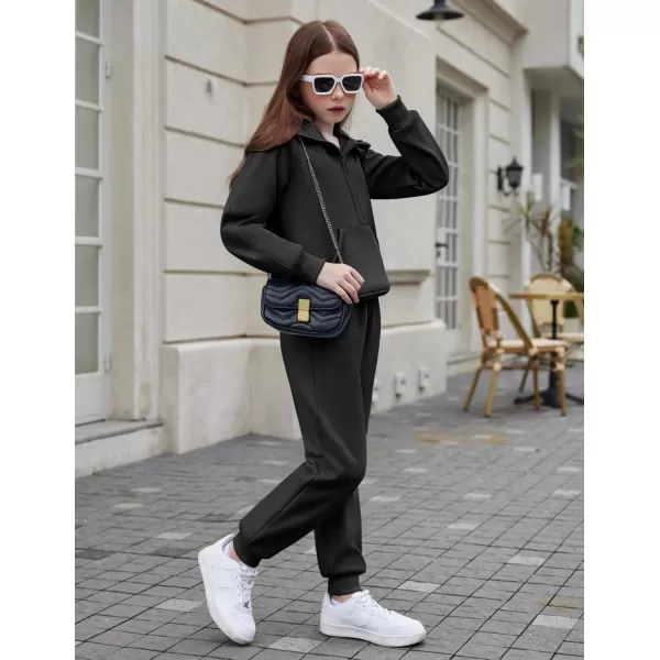 Arshiner Girls 2 Piece Outfits Tracksuit Drop Shoulder Hoodie Half Zip Sweatshirt and Sweatpants Joggers Set with Pockets