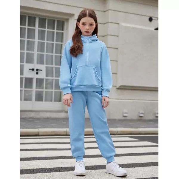 Arshiner Girls 2 Piece Outfits Tracksuit Drop Shoulder Hoodie Half Zip Sweatshirt and Sweatpants Joggers Set with Pockets