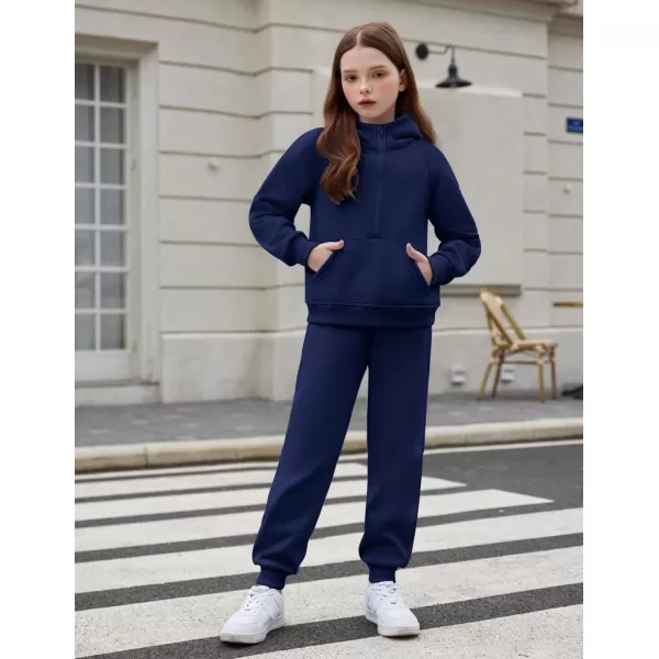 Arshiner Girls 2 Piece Outfits Tracksuit Drop Shoulder Hoodie Half Zip Sweatshirt and Sweatpants Joggers Set with Pockets