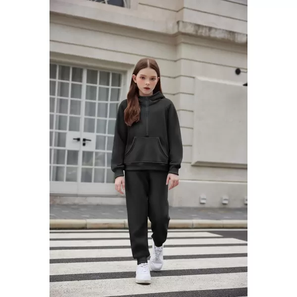 Arshiner Girls 2 Piece Outfits Tracksuit Drop Shoulder Hoodie Half Zip Sweatshirt and Sweatpants Joggers Set with Pockets