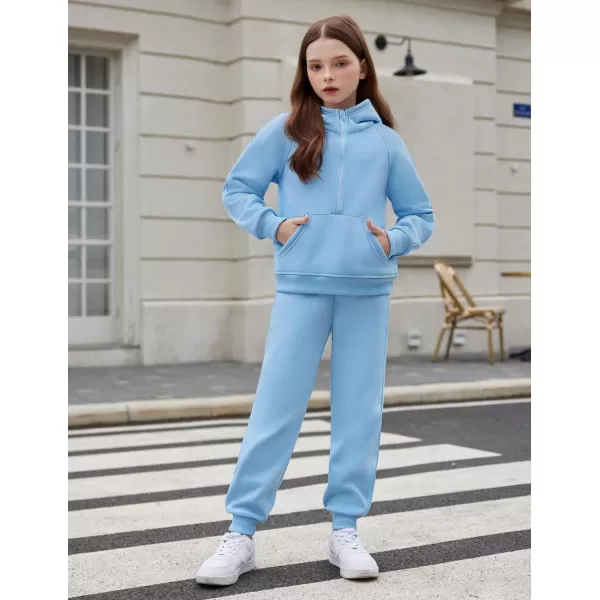 Arshiner Girls 2 Piece Outfits Tracksuit Drop Shoulder Hoodie Half Zip Sweatshirt and Sweatpants Joggers Set with Pockets