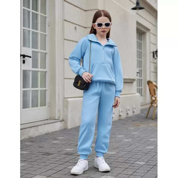 Arshiner Girls 2 Piece Outfits Tracksuit Drop Shoulder Hoodie Half Zip Sweatshirt and Sweatpants Joggers Set with Pockets