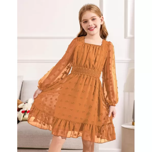 Arshiner Girls Dresses Long Sleeve Square Neck Swiss Dot Flowy Casual Party Dress