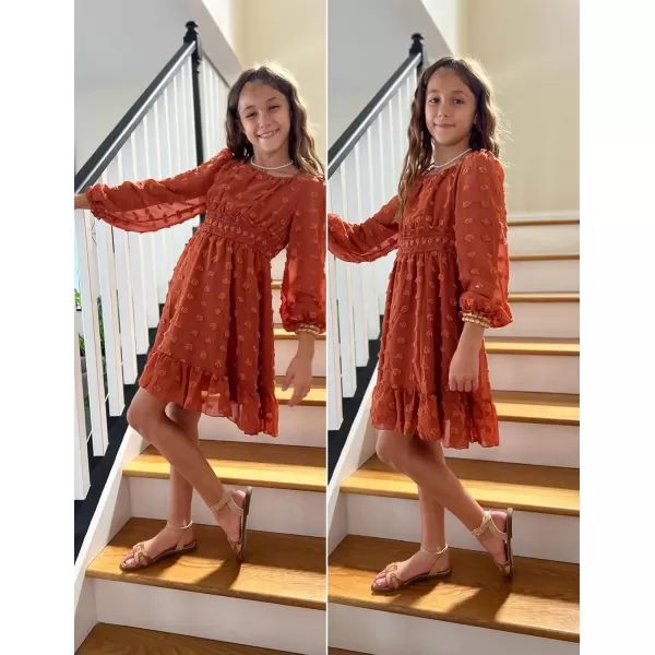 Arshiner Girls Dresses Long Sleeve Square Neck Swiss Dot Flowy Casual Party Dress