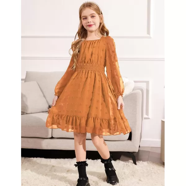 Arshiner Girls Dresses Long Sleeve Square Neck Swiss Dot Flowy Casual Party Dress