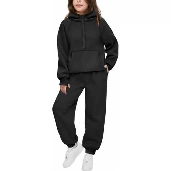 Arshiner Girls 2 Piece Outfits Tracksuit Drop Shoulder Hoodie Half Zip Sweatshirt and Sweatpants Joggers Set with Pockets