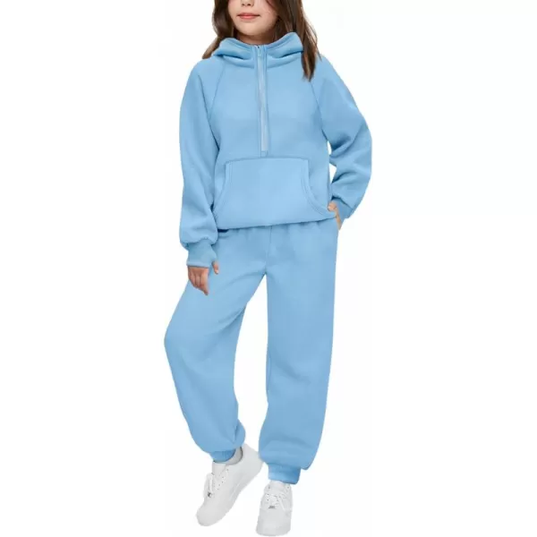 Arshiner Girls 2 Piece Outfits Tracksuit Drop Shoulder Hoodie Half Zip Sweatshirt and Sweatpants Joggers Set with Pockets