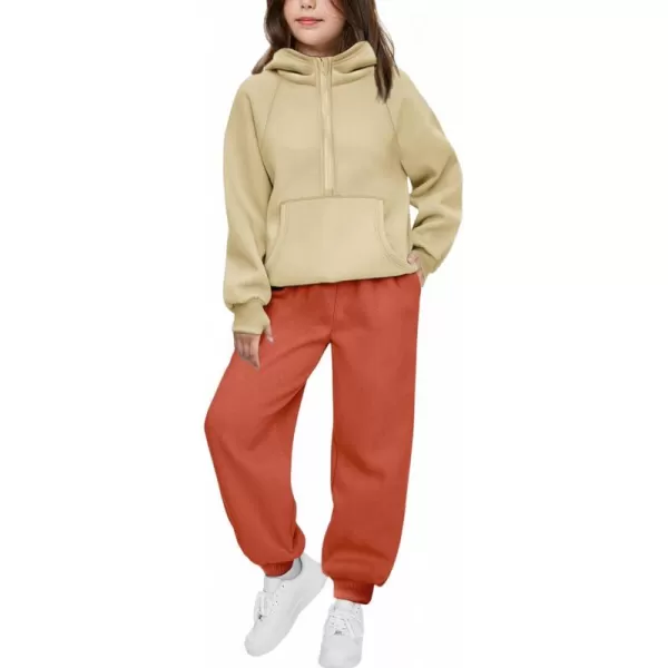Arshiner Girls 2 Piece Outfits Tracksuit Drop Shoulder Hoodie Half Zip Sweatshirt and Sweatpants Joggers Set with Pockets
