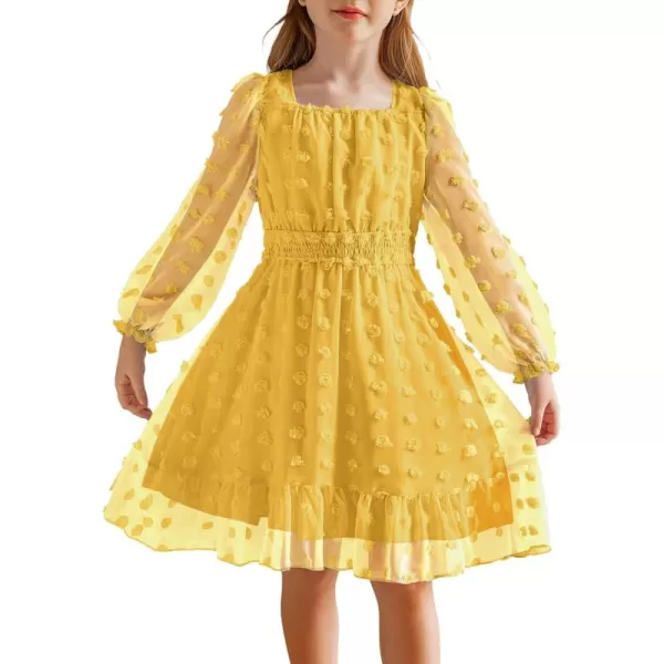Arshiner Girls Dresses Long Sleeve Square Neck Swiss Dot Flowy Casual Party Dress