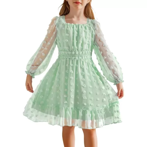 Arshiner Girls Dresses Long Sleeve Square Neck Swiss Dot Flowy Casual Party Dress
