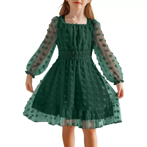 Arshiner Girls Dresses Long Sleeve Square Neck Swiss Dot Flowy Casual Party Dress