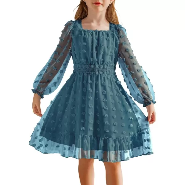 Arshiner Girls Dresses Long Sleeve Square Neck Swiss Dot Flowy Casual Party Dress