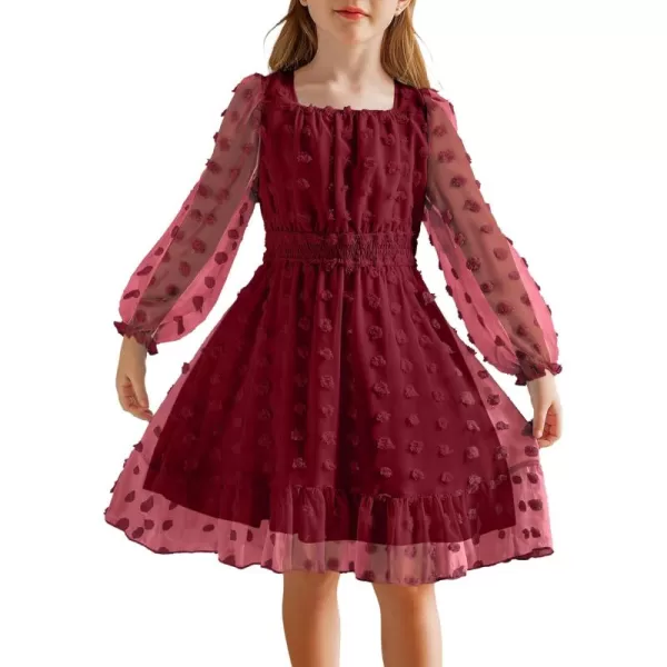 Arshiner Girls Dresses Long Sleeve Square Neck Swiss Dot Flowy Casual Party Dress