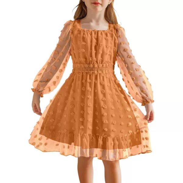 Arshiner Girls Dresses Long Sleeve Square Neck Swiss Dot Flowy Casual Party Dress