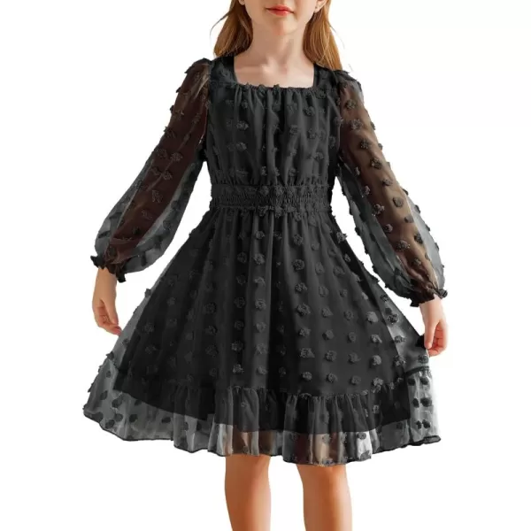Arshiner Girls Dresses Long Sleeve Square Neck Swiss Dot Flowy Casual Party Dress
