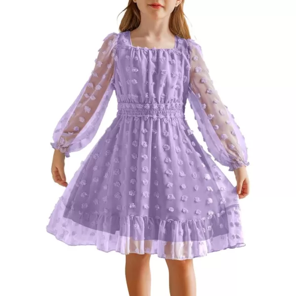 Arshiner Girls Dresses Long Sleeve Square Neck Swiss Dot Flowy Casual Party Dress