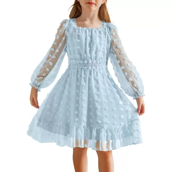 Arshiner Girls Dresses Long Sleeve Square Neck Swiss Dot Flowy Casual Party Dress