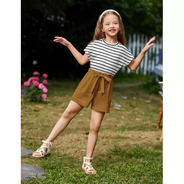 Arshiner Girls 2 Piece Outfit Summer Drop Shoulder Batwing Sleeve Tops and Paperbag Waist Shorts Set Cute Clothing Size 6-14