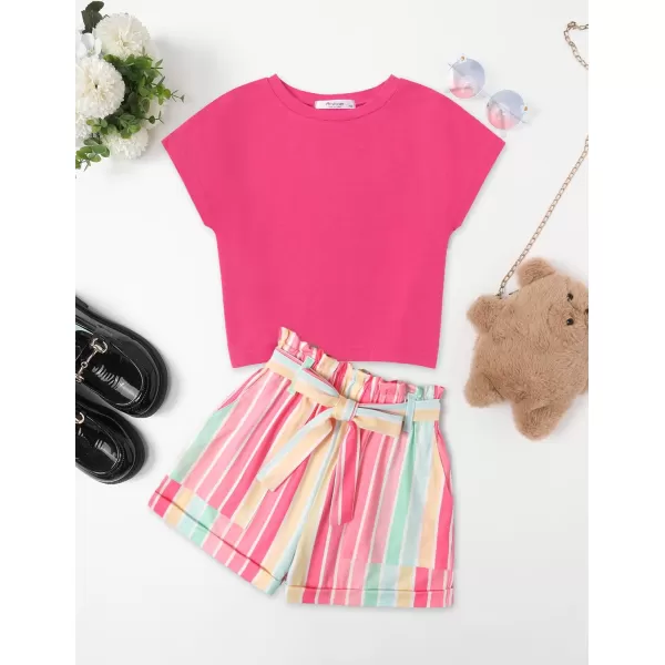Arshiner Girls 2 Piece Outfit Summer Drop Shoulder Batwing Sleeve Tops and Paperbag Waist Shorts Set Cute Clothing Size 6-14