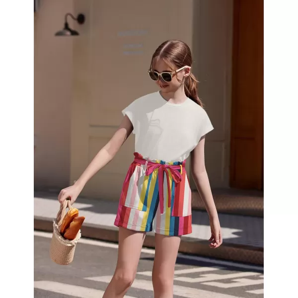 Arshiner Girls 2 Piece Outfit Summer Drop Shoulder Batwing Sleeve Tops and Paperbag Waist Shorts Set Cute Clothing Size 6-14