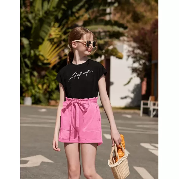 Arshiner Girls 2 Piece Outfit Summer Drop Shoulder Batwing Sleeve Tops and Paperbag Waist Shorts Set Cute Clothing Size 6-14