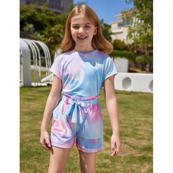 Arshiner Girls 2 Piece Outfit Summer Drop Shoulder Batwing Sleeve Tops and Paperbag Waist Shorts Set Cute Clothing Size 6-14