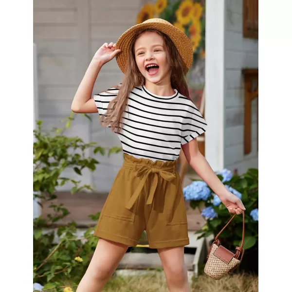 Arshiner Girls 2 Piece Outfit Summer Drop Shoulder Batwing Sleeve Tops and Paperbag Waist Shorts Set Cute Clothing Size 6-14