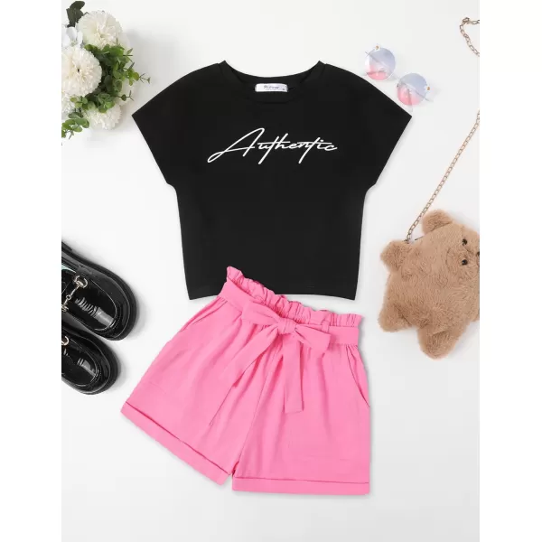 Arshiner Girls 2 Piece Outfit Summer Drop Shoulder Batwing Sleeve Tops and Paperbag Waist Shorts Set Cute Clothing Size 6-14