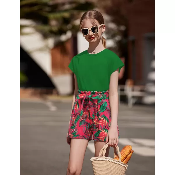 Arshiner Girls 2 Piece Outfit Summer Drop Shoulder Batwing Sleeve Tops and Paperbag Waist Shorts Set Cute Clothing Size 6-14