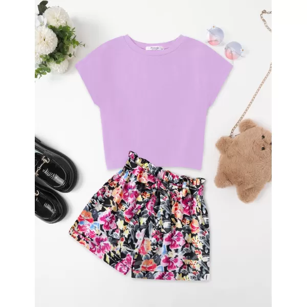 Arshiner Girls 2 Piece Outfit Summer Drop Shoulder Batwing Sleeve Tops and Paperbag Waist Shorts Set Cute Clothing Size 6-14