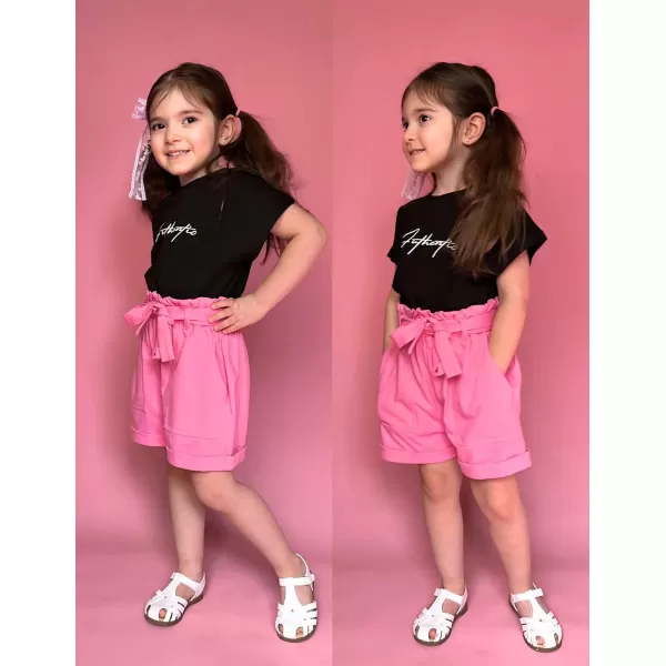 Arshiner Girls 2 Piece Outfit Summer Drop Shoulder Batwing Sleeve Tops and Paperbag Waist Shorts Set Cute Clothing Size 6-14