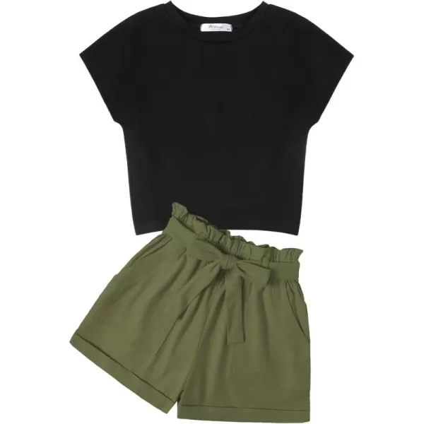Arshiner Girls 2 Piece Outfit Summer Drop Shoulder Batwing Sleeve Tops and Paperbag Waist Shorts Set Cute Clothing Size 6-14