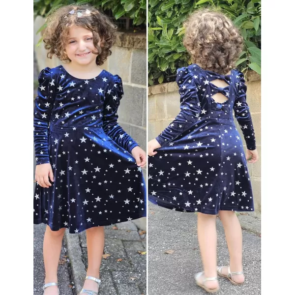 Arshiner Girls Dresses Long Sleeve Crew Neck Bow Back Velvet Formal Party Dresses with Pockets)