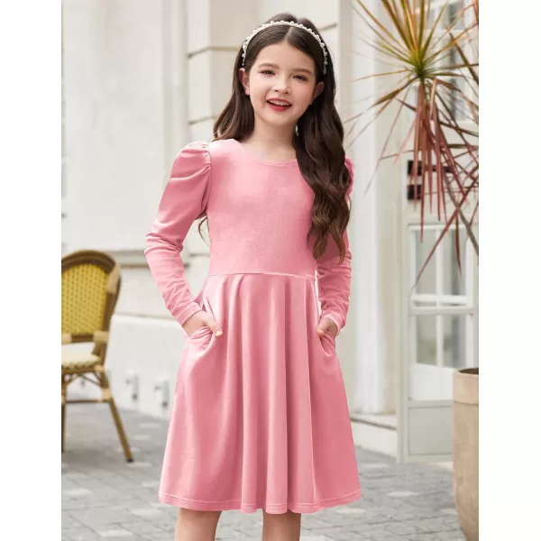 Arshiner Girls Dresses Long Sleeve Crew Neck Bow Back Velvet Formal Party Dresses with Pockets