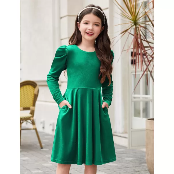 Arshiner Girls Dresses Long Sleeve Crew Neck Bow Back Velvet Formal Party Dresses with Pockets