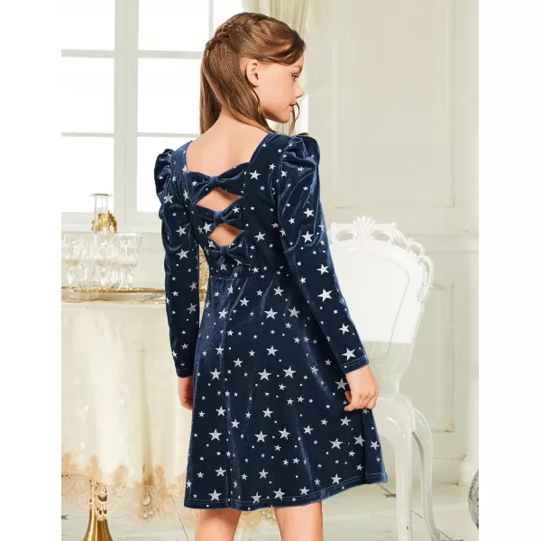 Arshiner Girls Dresses Long Sleeve Crew Neck Bow Back Velvet Formal Party Dresses with Pockets)