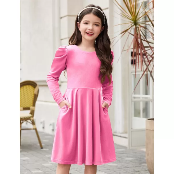 Arshiner Girls Dresses Long Sleeve Crew Neck Bow Back Velvet Formal Party Dresses with Pockets