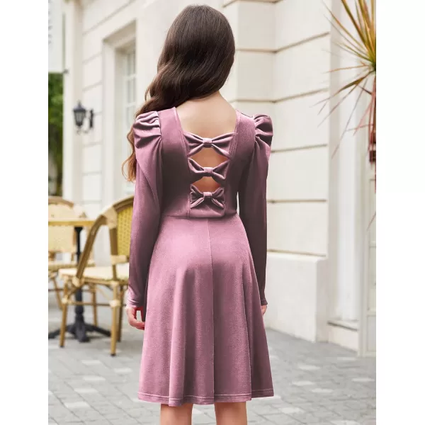 Arshiner Girls Dresses Long Sleeve Crew Neck Bow Back Velvet Formal Party Dresses with Pockets
