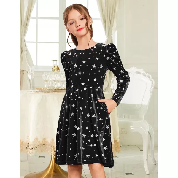 Arshiner Girls Dresses Long Sleeve Crew Neck Bow Back Velvet Formal Party Dresses with Pockets)