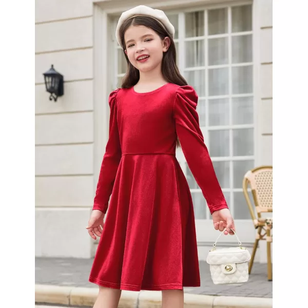 Arshiner Girls Dresses Long Sleeve Crew Neck Bow Back Velvet Formal Party Dresses with Pockets