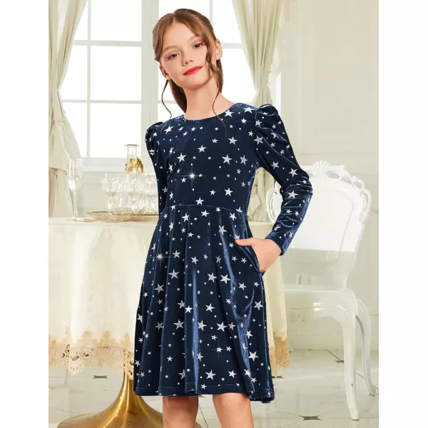Arshiner Girls Dresses Long Sleeve Crew Neck Bow Back Velvet Formal Party Dresses with Pockets)